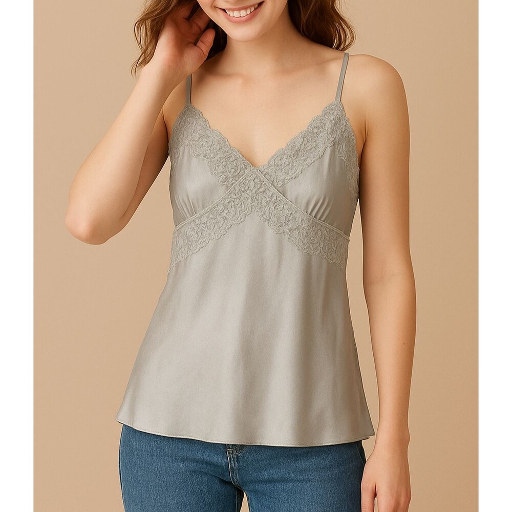 Y2K Express Silk Babydoll Cami S Lacey Gray Satin Fairy Dainty Feminine Vintage